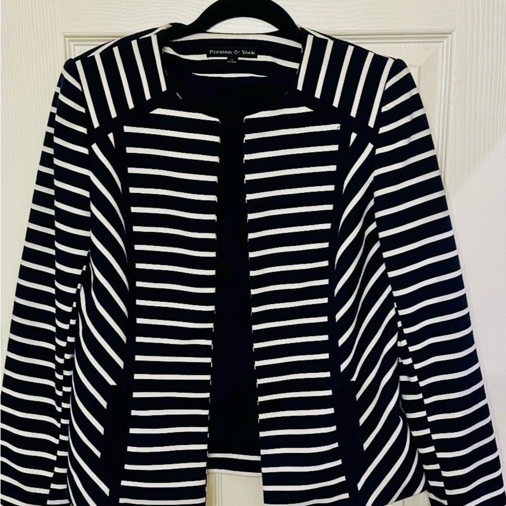 Preston & York Navy and White Striped Open-Front Blazer